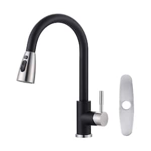 Single-Handle High Arc Kitchen Faucet with Pull Down Sprayer and Deckplate in Black and Brushed Nickel
