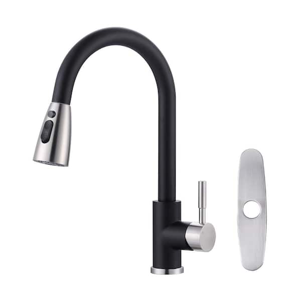 ARCORA Single-Handle High Arc Kitchen Faucet with Pull Down Sprayer and Deckplate in Black and Brushed Nickel
