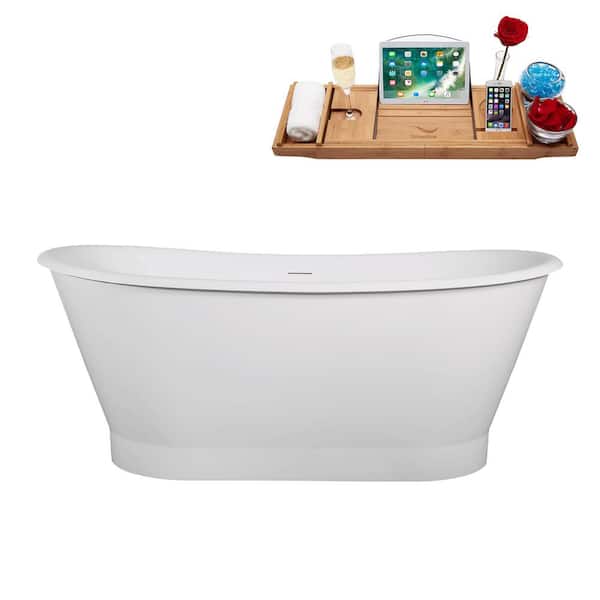 67 in. x 32 in. Acrylic Freestanding Soaking Bathtub in Glossy White with Glossy White Drain, Bamboo Tray
