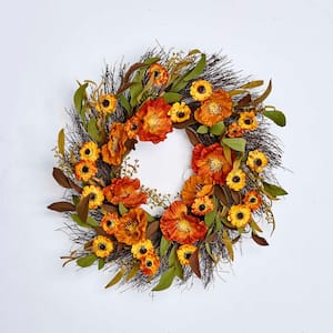 22 in. Artificial Fall Flower Wreath on Natural Twig Base