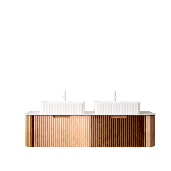 60 in. Wall-Mounted Natural Wood Bath Vanity with White Solid Surface Top Pre-Assembled