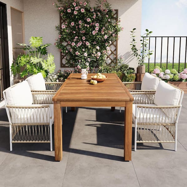 Natural 5-Piece Wood Rectangular Outdoor Dining Set with Beige Cushions, Acacia Table and Rattan Arm Chairs for Patio