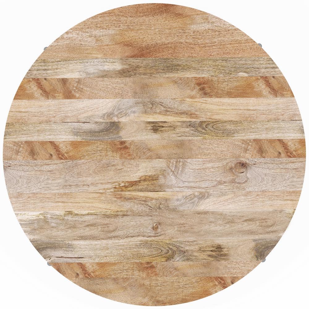 Natural Mango Wood and Black Metal Round Drum Coffee Table