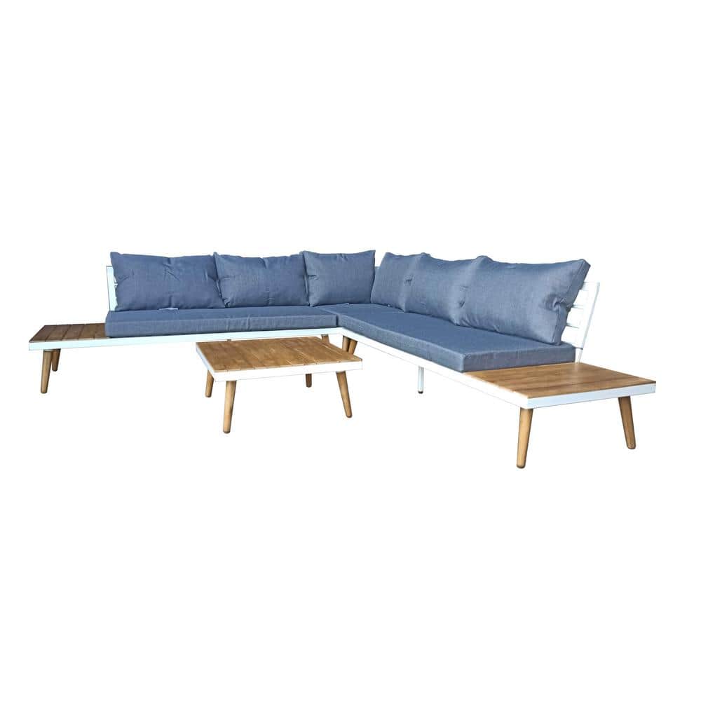 Paradise White 3-Piece Aluminum Acacia Outdoor Sectional Set with Blue Olef
