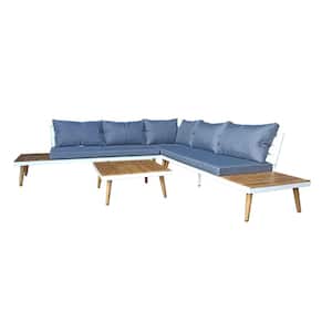 Paradise White 3-Piece Aluminum Acacia Outdoor Sectional Set with Blue Olefin Cushions