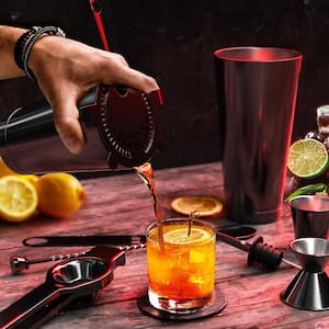 17-Piece Black Stainless Steel Bartender Kit - Bar Cocktail Shaker Set, 30 Oz. Muddler, Jigger, Pourers Wood Stand
