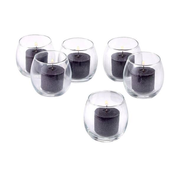 Light In The Dark Clear Glass Hurricane Votive Candle Holders with Black Votive Candles (Set of 12)