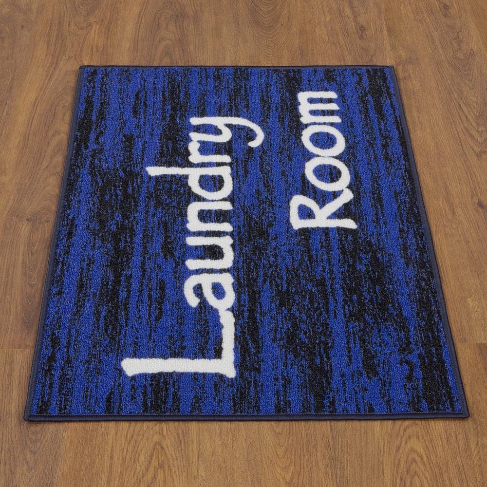 Blue and Black Synthetic Non-Slip Rectangular Laundry Room Rug