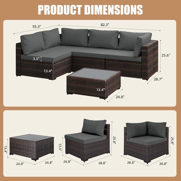 5-Piece Brown Wicker Patio Conversation Set Outdoor Sectional Sofa Set with Coffee Table and Dark Gray Cushions