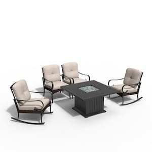 Gustava Black 5-Piece Aluminum Patio Fire Pit Conversation Sofa Set with Beige Cushions