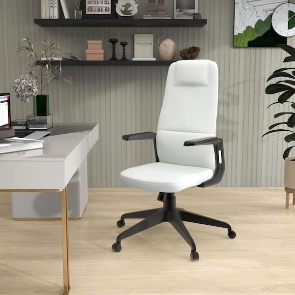 Leisuremod Nexa Leather Adjustable Height Swivel Tilt Ergonomic Office Chair in White with Arms Modern Computer Chair in Steel