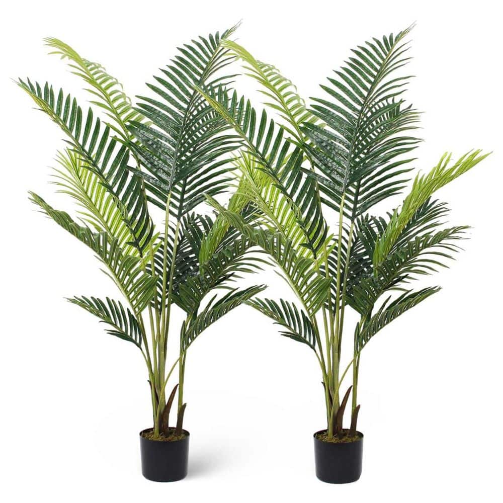5 ft. Artificial Palm Tree Silk Leaf Fake Kentia Areca Plant Tree in Cylinder Pot for Indoor Outdoor Decor Set of 2 Pack price history on PriceWatchPro