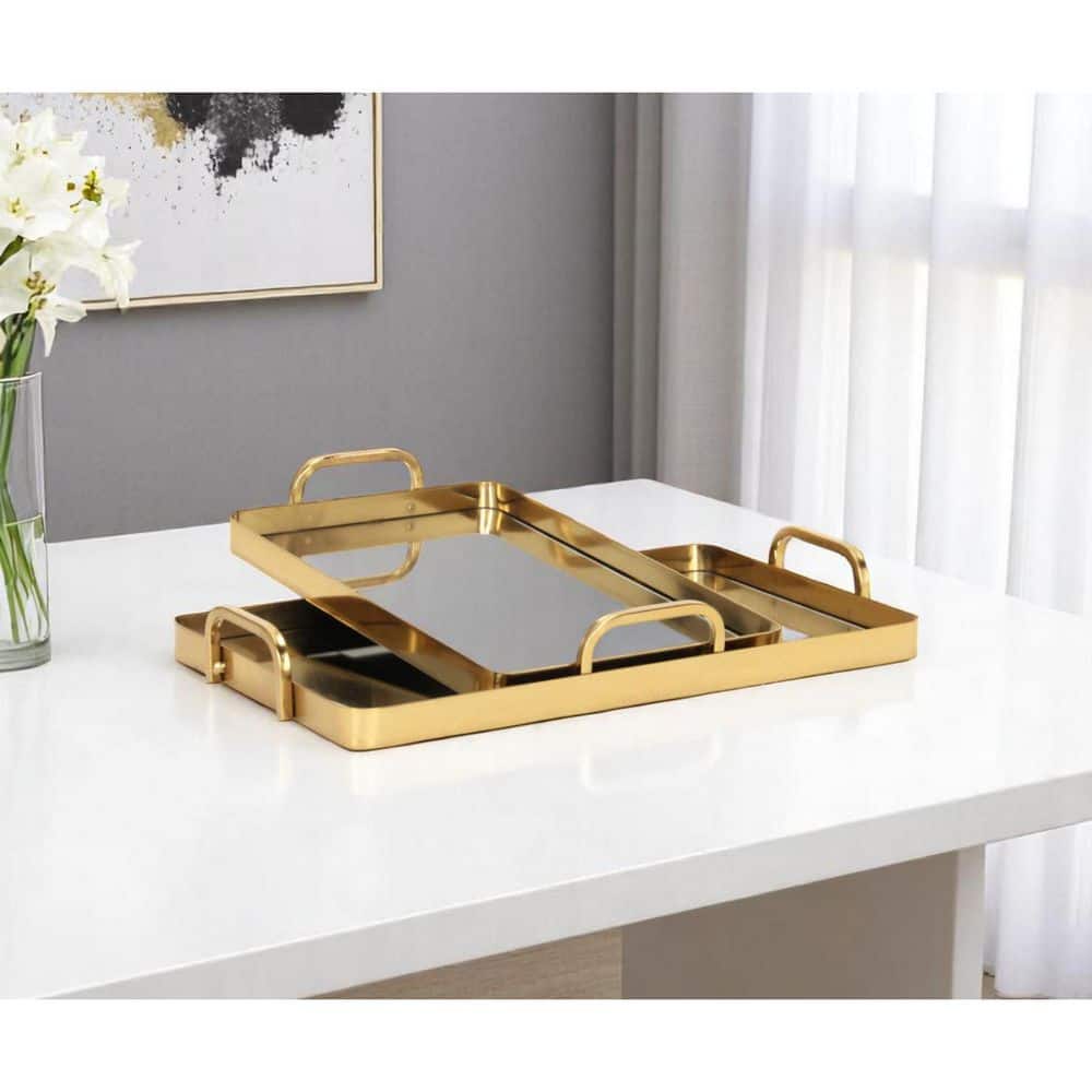 HomeRoots Gold Rectangle Metal 17.25 in. Tray (Set of 2