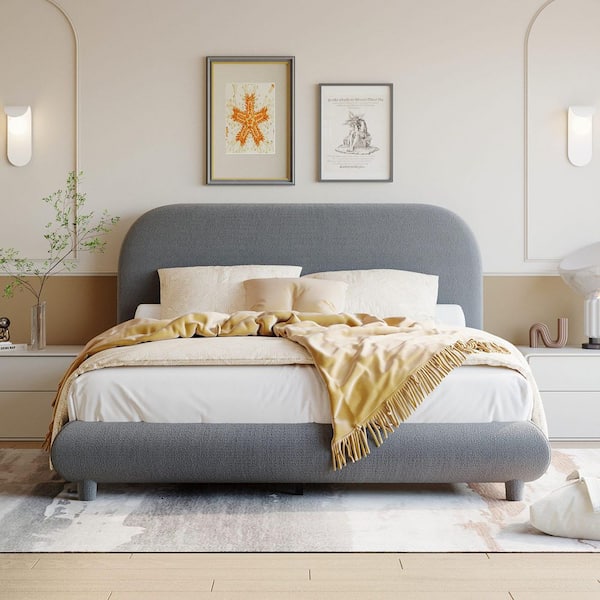 Gray Wood Frame Full Upholstered Platform Bed with Thick Fabric, Solid Frame and Stylish Curve-Shaped Design