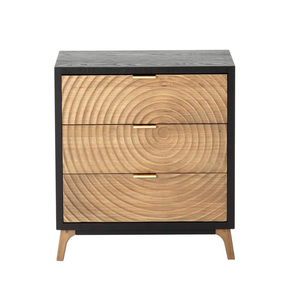 Black and Natural Wood 3-Drawer Nightstand with Ring Motif