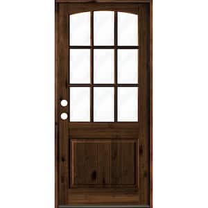 32 in. x 96 in. Knotty Alder Right-Hand/Inswing 9-Lite Arch Top Clear Glass Red Mahogany Stain Wood Prehung Front Door