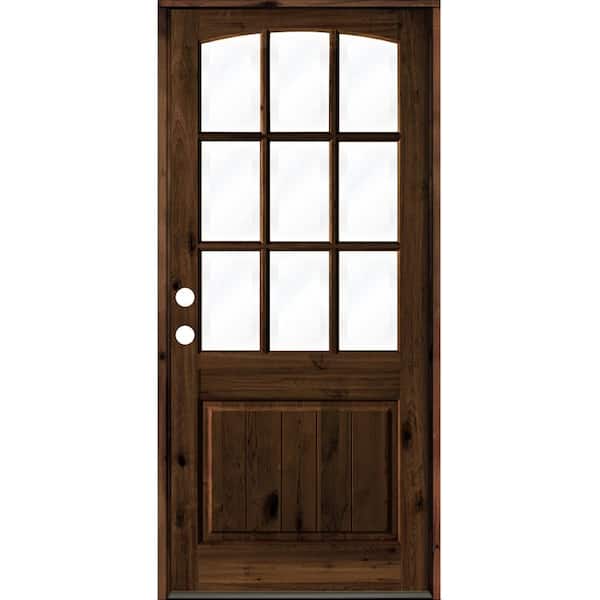 Krosswood Doors 42 in. x 96 in. Knotty Alder Right-Hand/Inswing 9-Lite Arch Top Clear Glass Red Mahogany Stain Wood Prehung Front Door