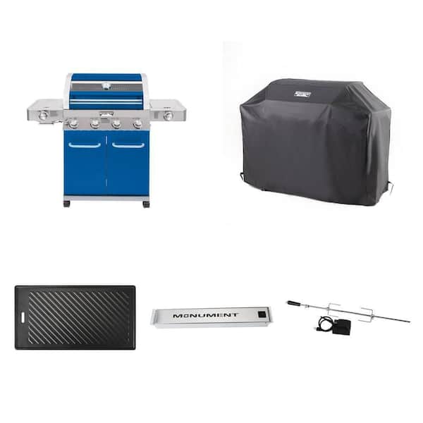 4-Burner Blue Propane Grill with LED Controls, Cover, Cast Iron Plate, Smoke Box and Rotisserie Kit