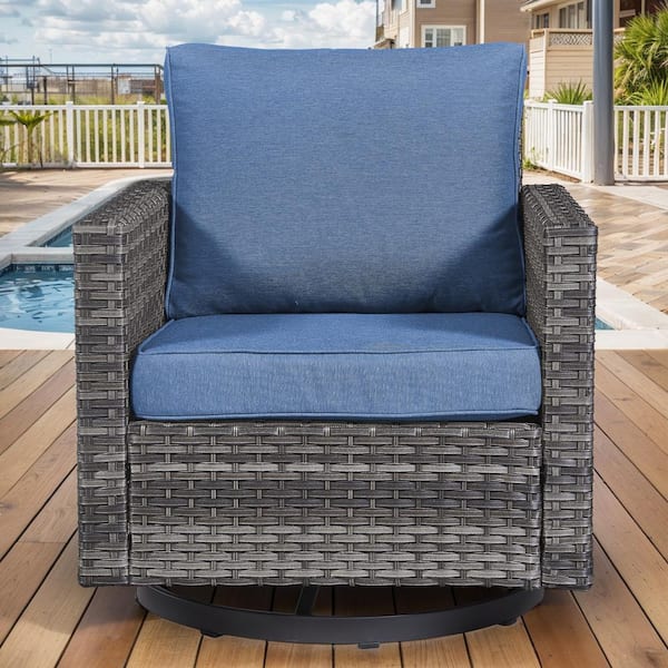 Gray Wicker Outdoor Rocking Chair, Patio Swivel Glider Chair with Navy Blue Cushions for Porch or Balcony (1-Pack)