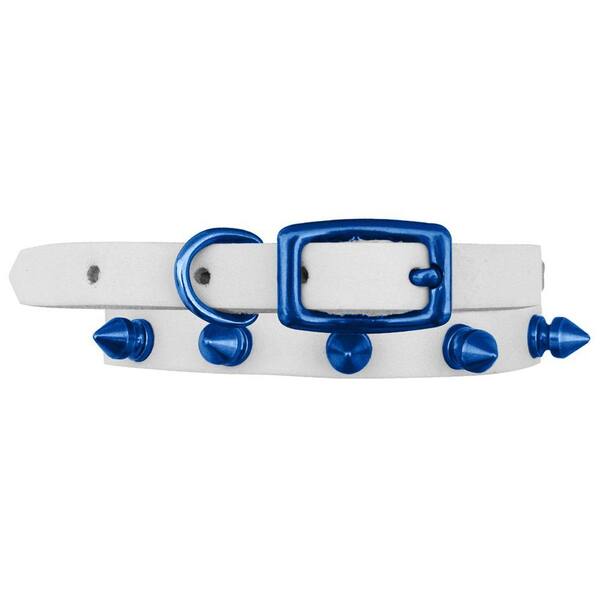 Platinum Pets 10 in. White Genuine Leather Cat/Puppy Collar in Blue Spikes