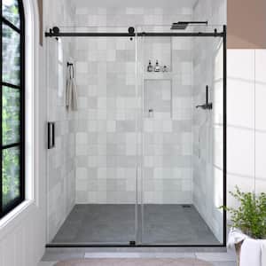 Oceanique 60 in. W x 76 in. H Sliding Semi-Frameless Shower Door in Matte Black Finish with Clear Glass