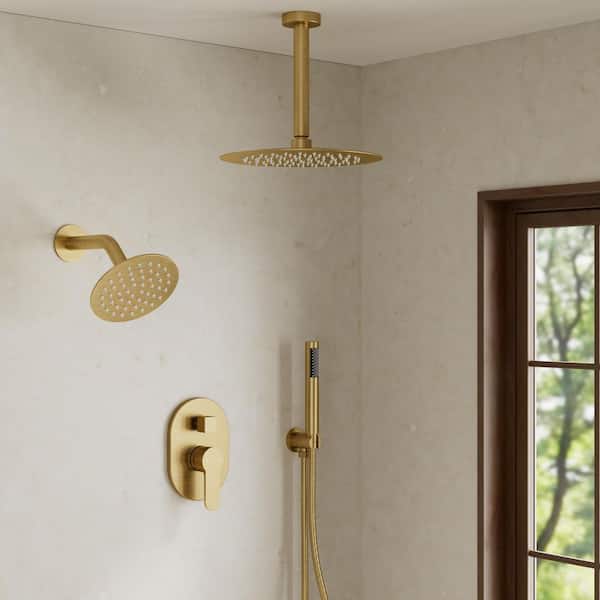 Rainspire Double Handles 3-Spray 10 in. and 6 in. Ceiling Mount Shower Faucet with Anti Scald 1.8 GPM in Brushed Gold
