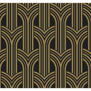 40.5 sq. ft. Ebony and Metallic Gold Deco Geometric Arches Vinyl Peel and Stick Wallpaper Roll