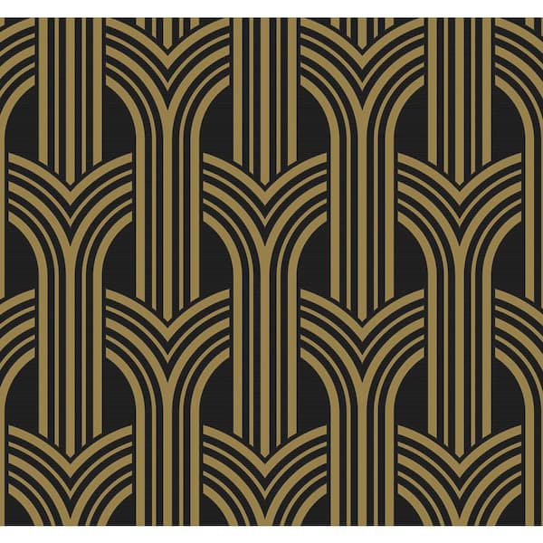 NextWall 40.5 sq. ft. Ebony and Metallic Gold Deco Geometric Arches Vinyl Peel and Stick Wallpaper Roll