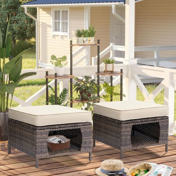 Brown Wicker Outdoor Ottoman Steel Frame Footrest Patio Furniture with Storage Space Beige Cushions