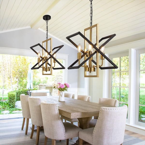 4-Light Geometric Pendant Light Fixture Industrial Lantern Hanging Chandelier in Black and Gold for Kitchen Dining Room