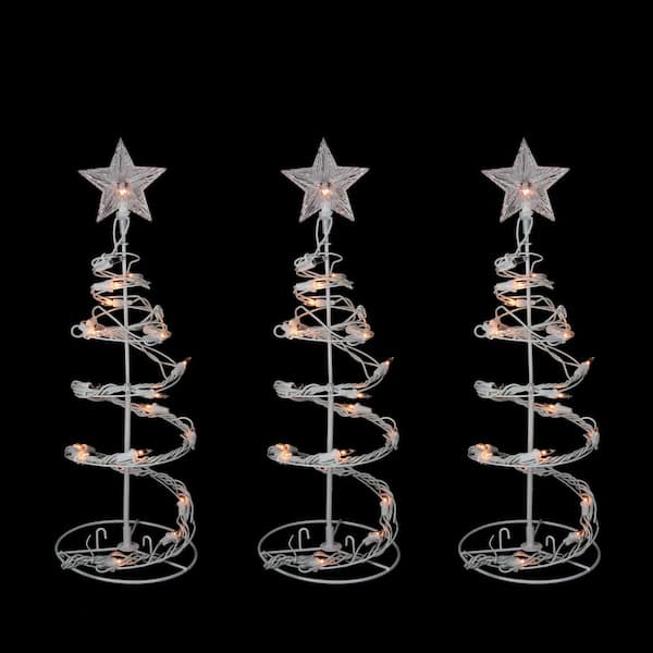Set of 3 White Clear Lighted Spiral Cone Walkway Artificial Christmas Trees Outdoor Decor 18 in.