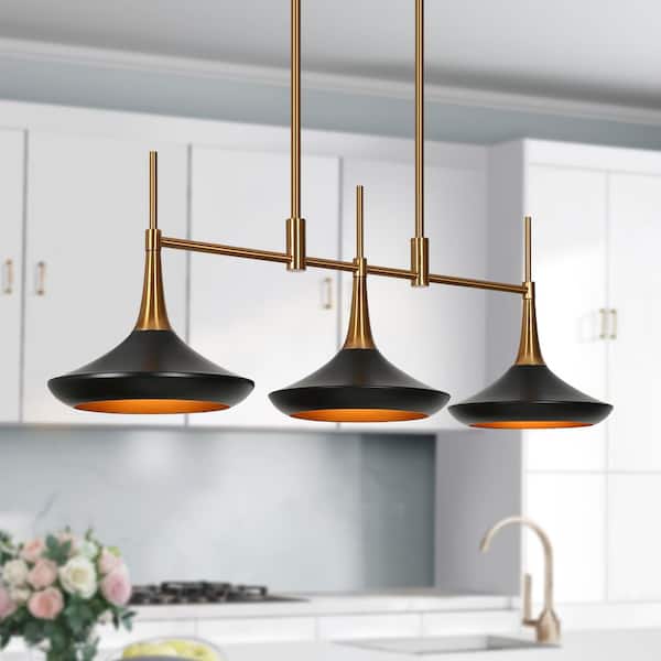 LNC Phapri Modern 3-Light Black Linear Kitchen Island Chandelier, Mid-Century Plated Brass Dining Pendant with Metal Shades