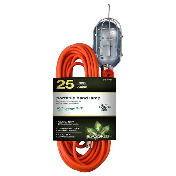(G-36725) 25 ft. 16/3 Indoor Kink-Free Cord Portable Hand Lamp, Orange