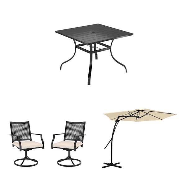 10 ft. Beige Cantilever Umbrella, Cross Base, Slat Top Dining Table and Swivel Dining Chairs Set (4 Piece)