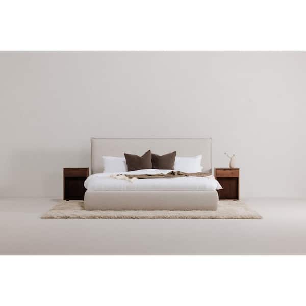 NADAAL STUDIOS Keaton Beige Solid Pine Frame Queen Platform Bed with Linen Blend Upholstery and Foam Headboard