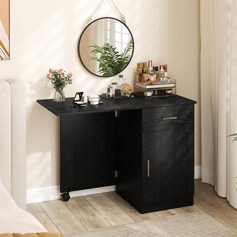 41 in. Black Folding Computer Desk with Drawer Cabinet and Adjustable Shelf Wheel for Living Room