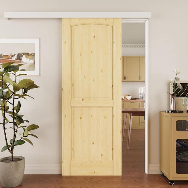ARK DESIGN 30 in. x 80 in. Hidden Track Style 2-Panel Solid Core Unfinished Pine Wood Sliding Barn Door with Hardware Kit