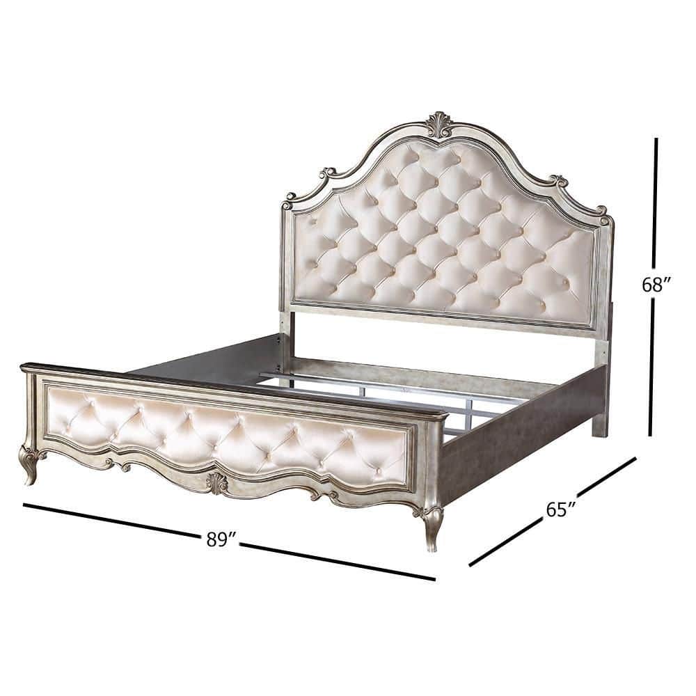 Ivory Velvet Queen Bed with Tufted Upholstered Headboard