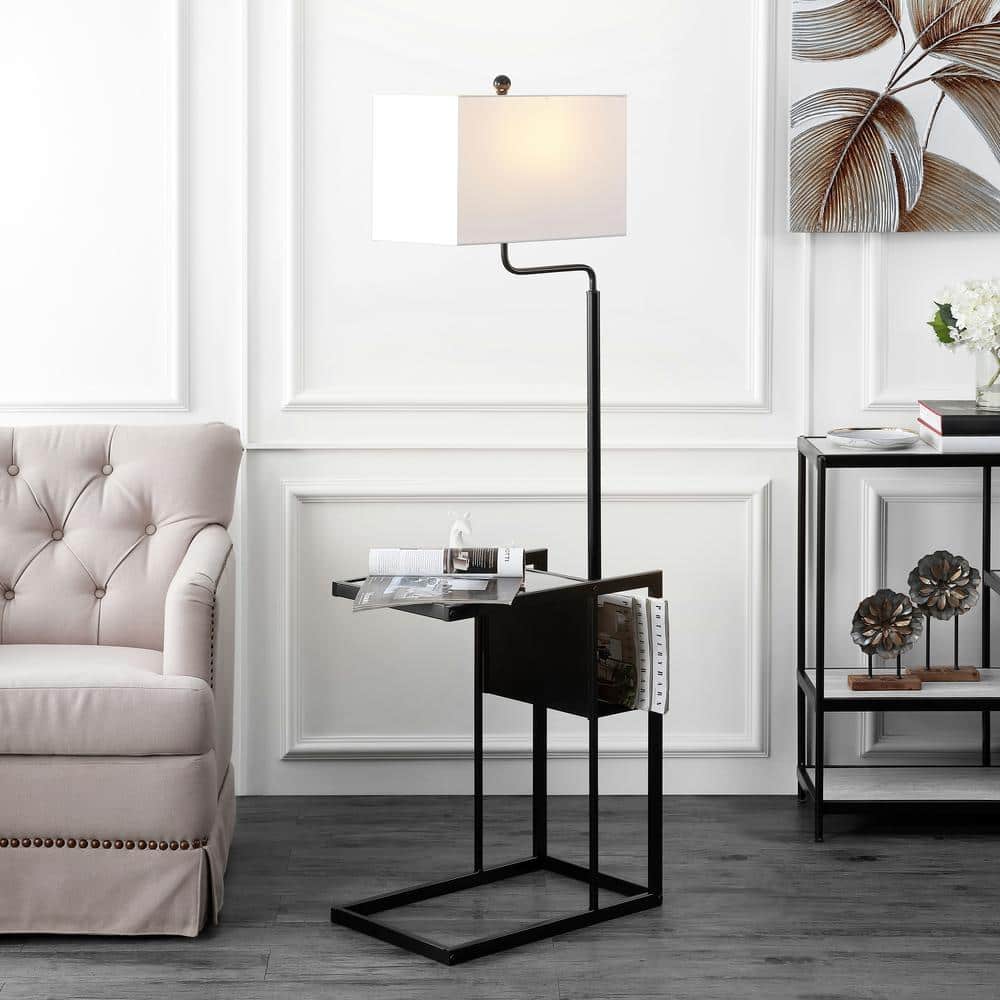 Janson Matte Black Floor Lamp with Shelf and White Shade