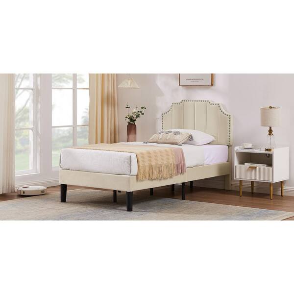 VECELO Upholstered Bed Beige Metal plus Wood Frame Twin VECELO Upholstered Bed Beige Metal plus Wood Frame Twin
