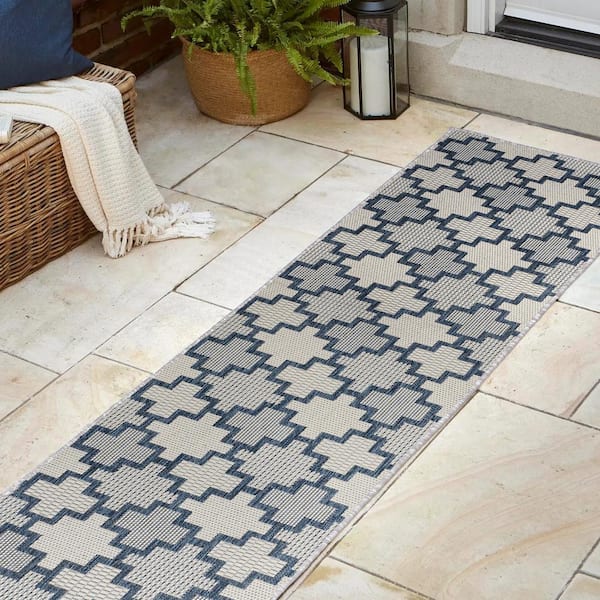 JONATHAN Y Cyrus Navy/Cream 2 ft. x 8 ft. Modern Geometric Tile Pattern Indoor/Outdoor Runner Rug
