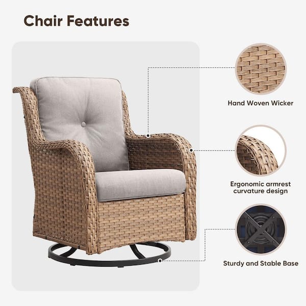 WellCane 5-Piece Yellow Wicker Patio Conversation Set with Beige Cushions, Outdoor Swivel Chair With Ottomans for Porch