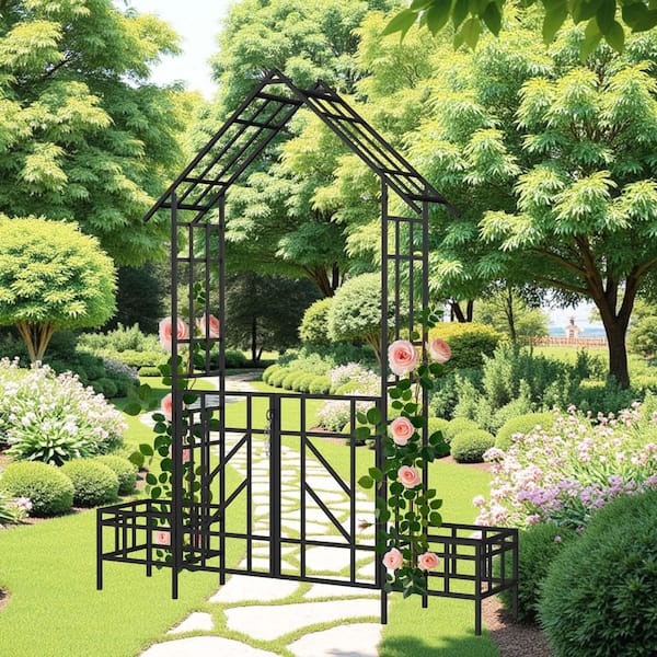Unbranded 97.24 in. x 80.71 in. Metal Garden Arch Arbor with Gate and Planter Outdoor Arch Trellis for Climbing Plants