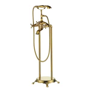 Classic Vintage Floor Mount 3-Handle Freestanding Tub Faucet with Hand Shower and Water Supply Hoses in. Titanium Gold