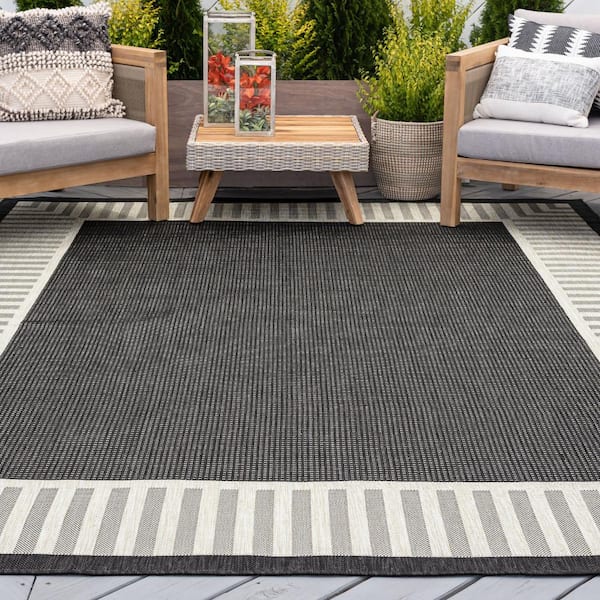 Eco Striped Border Black 9 ft. x 12 ft. Indoor/Outdoor Area Rug