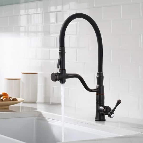 Single Handle Bridge Kitchen Faucet with 2 Water Modes in Oil Rubbed Bronze