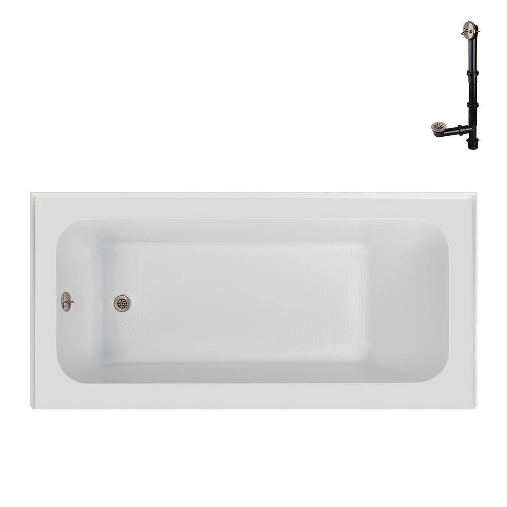 Glossy White Acrylic Rectangular Alcove Bathtub with Brushed Nickel Drain