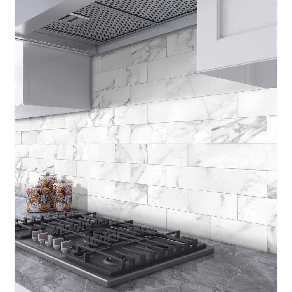 12'' x 12'' White Marble Peel and Stick Subway Tile