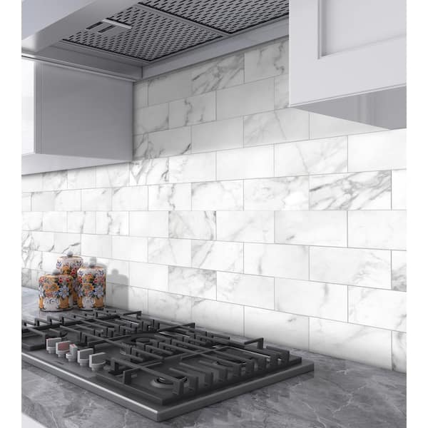 sunwings Subway Carrara Marble 12 in. x 12 in. White Peel and Stick  Backsplash Stone Composite Wall Tile (9.69 sq. ft. /Case) 75150-CWHI-10 -  The Home Depot