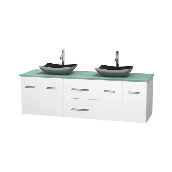 Wyndham Collection Centra 72 in. Double Vanity in White with Glass Vanity Top in Green and Black Granite Sinks